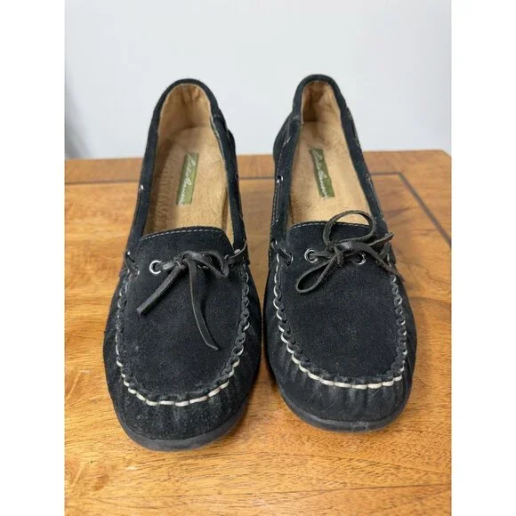 Vtg Y2K Eddie Bauer Women’s 9 Black Suede Wedge Heel Moccasins Loafers - Picture 4 of 7